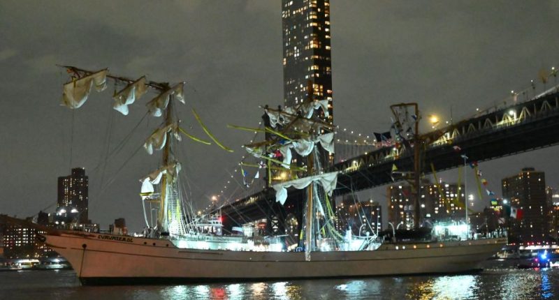 The Mexican naval ship Cuauhtemoc in the East River near the Brooklyn Bridge.