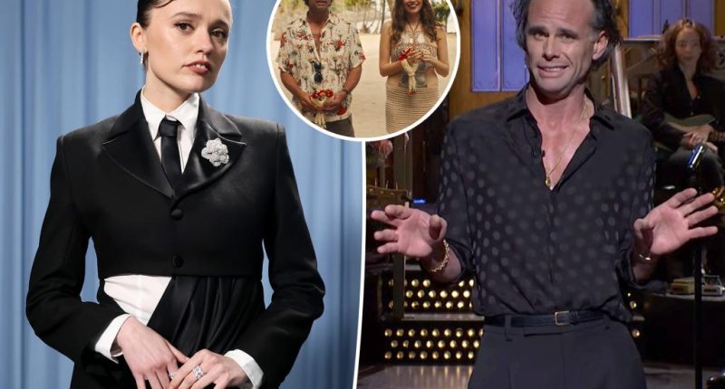 Walton Goggins ignores feud rumors with 'White Lotus' co-star Aimee Lou Wood on 'SNL'