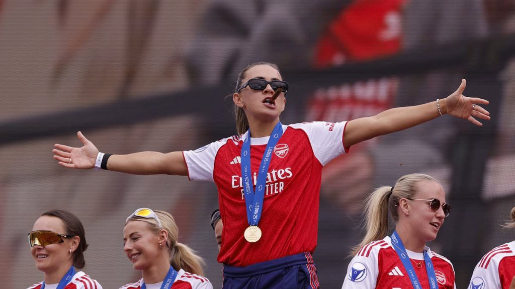 Arsenal star Katie McCabe steals the show with foul-mouthed Tottenham chants and renditions of her own song at Gunners women's Champions League parade