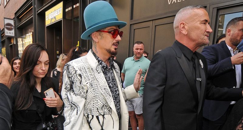 Fat Tony's wedding kicks off as DJ, 58, arrives with pal Boy George