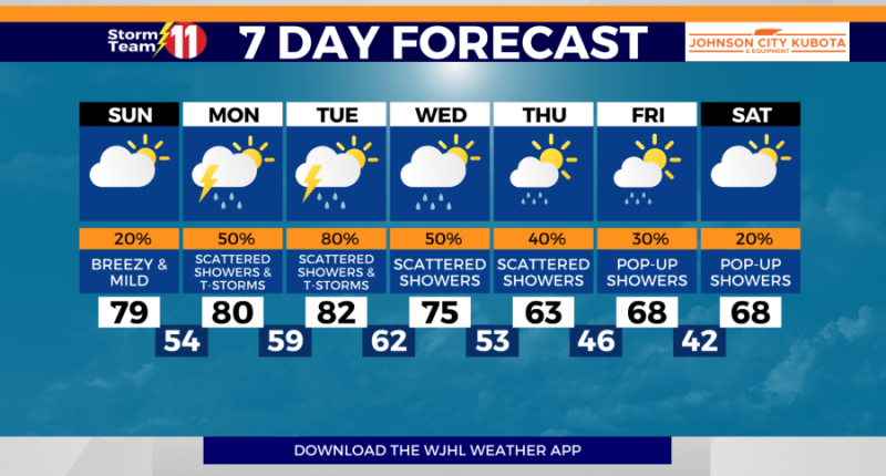 Isolated showers possible to the south, mild and breezy otherwise, more rain Monday