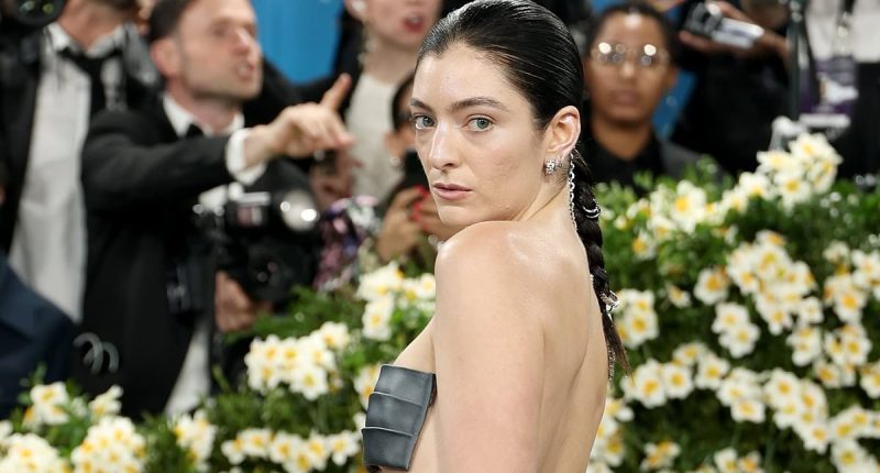 Lorde risks a major wardrobe malfunction in a revealing stuck-on bandeau top at the Met Gala amid a sea of suits