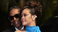 Pregnant Rihanna shows off her baby bump in a ruffled blue dress