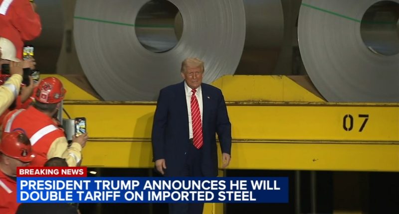 President Donald Trump tells US steelworkers he's going to double tariffs on foreign steel from 25% to 50%