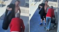 CCTV has captured the moment a shirtless man allegedly knocked an elderly woman unconscious ﻿outside a Melbourne shopping centre.