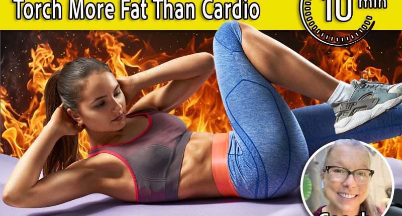 4 Bodyweight Moves That Torch More Belly Fat Than Cardio Class, cover, Coach Portia. Tanned young sexy athletic girl in sportswear lying on yoga mat and doing leg raising and twisting exercises.Attractive brunette woman doing abs workout with gray background behind