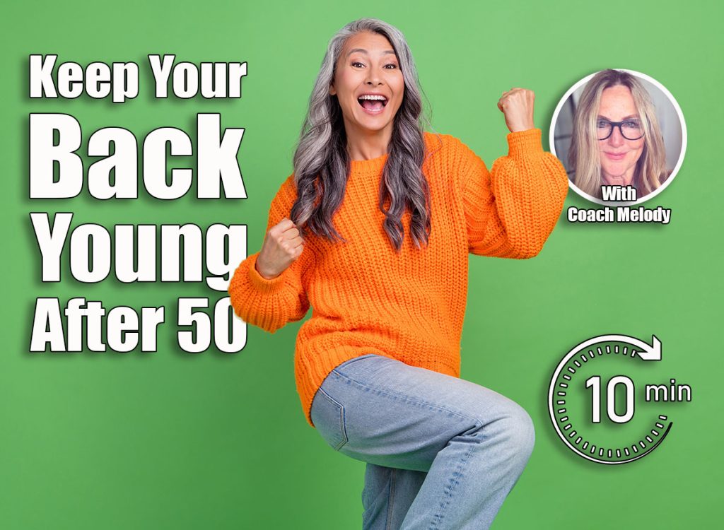 Photo of cool grey hair old lady hands fists yell wear sweater jeans shoes isolated on green color background. These 4 Daily Moves Keep My Back From Feeling 70 at 58, Cover
