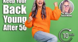 Photo of cool grey hair old lady hands fists yell wear sweater jeans shoes isolated on green color background. These 4 Daily Moves Keep My Back From Feeling 70 at 58, Cover