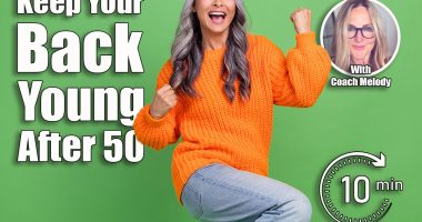 Photo of cool grey hair old lady hands fists yell wear sweater jeans shoes isolated on green color background. These 4 Daily Moves Keep My Back From Feeling 70 at 58, Cover