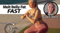 Active sporty woman performing squats on the sports street playground by the coast on warm sunny day. 5 Bodyweight Moves To Melt Your Middle-Aged Belly Fat Fast. Cover. Coach Maria Vazquez