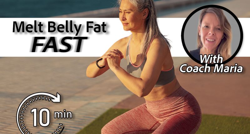 Active sporty woman performing squats on the sports street playground by the coast on warm sunny day. 5 Bodyweight Moves To Melt Your Middle-Aged Belly Fat Fast. Cover. Coach Maria Vazquez