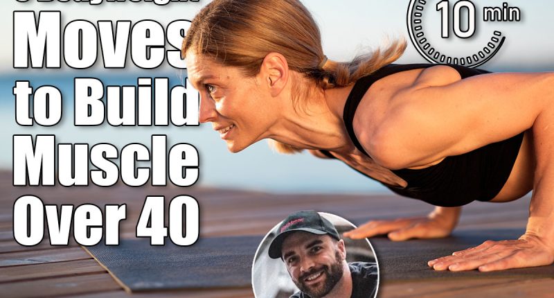 5 Bodyweight Moves for Over 40 That Build More Muscle Than You’d Think. Cover, Closeup Of Athletic Middle Aged Woman Doing Plank Exercise Or Push Ups Outdoors, Sporty Female In Activewear Training On Wooden Pier Near River, Enjoying Outside Workouts, Side View With Free Space