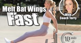 Healthy and fit atrractive blonde woman strengthens her arms by performing bar dip exercises at the skate park while looking straight ahead. 5 Counter-Height Moves to Melt Bat Wings Over 50 (No Gym Required). Cover