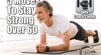5 Essential Bodyweight Exercises for Men in Their 60s. Cover. Image of concentrated mature man in sportswear using earpod while doing exercise near seaside in morning