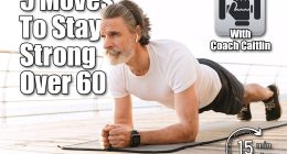 5 Essential Bodyweight Exercises for Men in Their 60s. Cover. Image of concentrated mature man in sportswear using earpod while doing exercise near seaside in morning