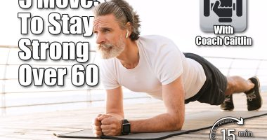 5 Essential Bodyweight Exercises for Men in Their 60s. Cover. Image of concentrated mature man in sportswear using earpod while doing exercise near seaside in morning