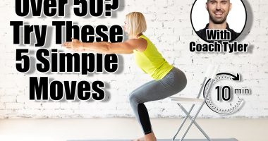 Yoga with a chair. Fit adult caucasian woman practice squat with props on a mat in loft white studio indoor, selective focus. Fitness, workout, trainer, sport, healthy lifestyle, concept. 5 Gentle Strength Moves That Keep Women Over 50 Lean and Pain-Free. Cover