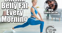Stay Home Workout, Sport And Healthy Lifestyle. Profile side view of cheerful middle-aged woman doing forward walking lunges, exercising at home on yoga mat and looking at camera, free copy space