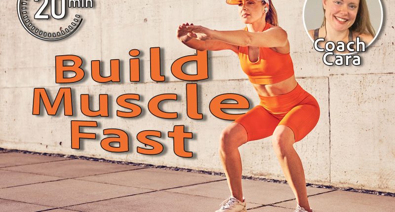 5 Muscle-Building Moves You Can Do in Just 20 Minutes, Cover, Coach Cara, Athletic adult woman doing squat exercise outdoors against concrete wall