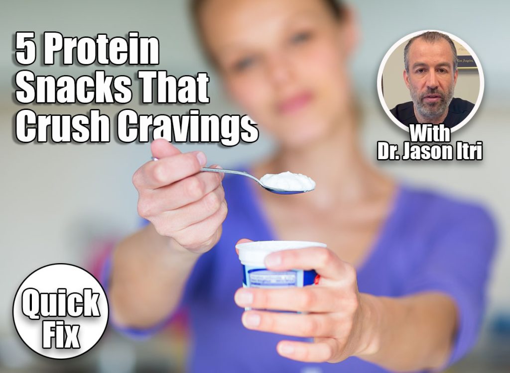 5 Protein-Packed Snacks That Killed My Cravings After Menopause. cover. Happy young woman eating yogurt in kitchen