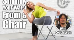 Yoga with a chair. Adult caucasian woman sits and practice side twists with props on a mat in loft white studio indoor, selective focus. 5 Seated Exercises That Sculpt Your Core & Shrink Belly Fat , cover