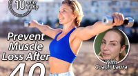 Laura Caddy. 6 Fitness Habits for Women To Prevent Muscle Loss After 40 Cover. Woman with short blond hair training with dumbbells outdoor. People, fitness and healthcare concept