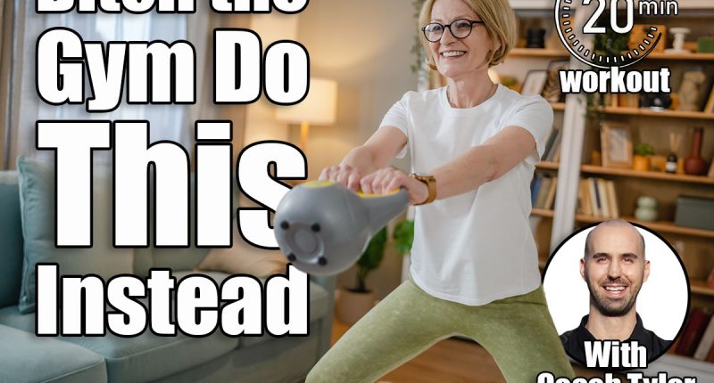One mature caucasian blonde woman training with kettlebell girya russian bell at home female exercise in her apartment healthy lifestyle concept. 6 Kettlebell Moves That Replace Your Entire Gym Routine After 40, cover
