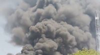 Large plume of black smoke billowing over buildings.