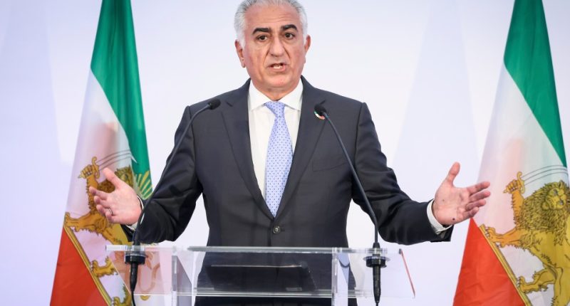 Reza Pahlavi giving a press conference.
