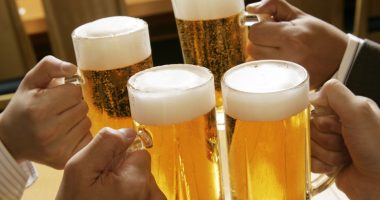 Four people toasting with beer.
