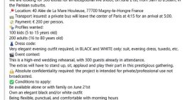 Image of a casting call for extras for a high-end wedding rehearsal in France.