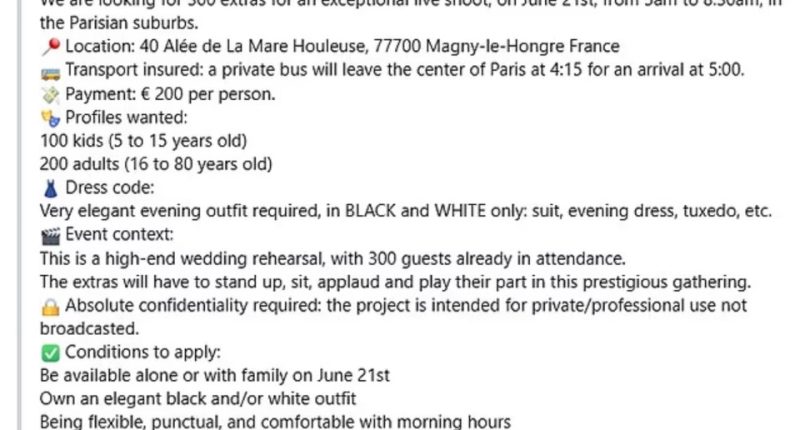 Image of a casting call for extras for a high-end wedding rehearsal in France.