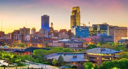 Omaha, Nebraska downtown skyline at dusk.