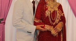 Photo of a bride and groom on their wedding day.