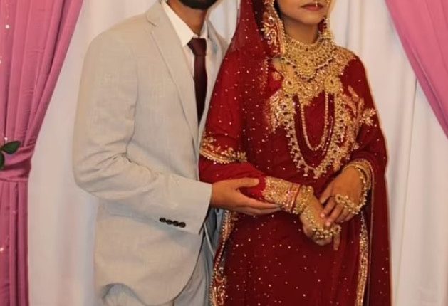 Photo of a bride and groom on their wedding day.