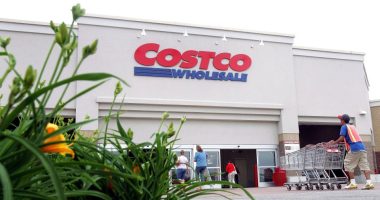 Costco Wholesale store exterior with shoppers and an employee pushing shopping carts.