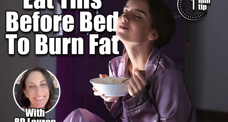 Happy young woman eating food near refrigerator at night. cover. Cottage Cheese & 4 Foods That Burn Fat After 45 In Your Sleep