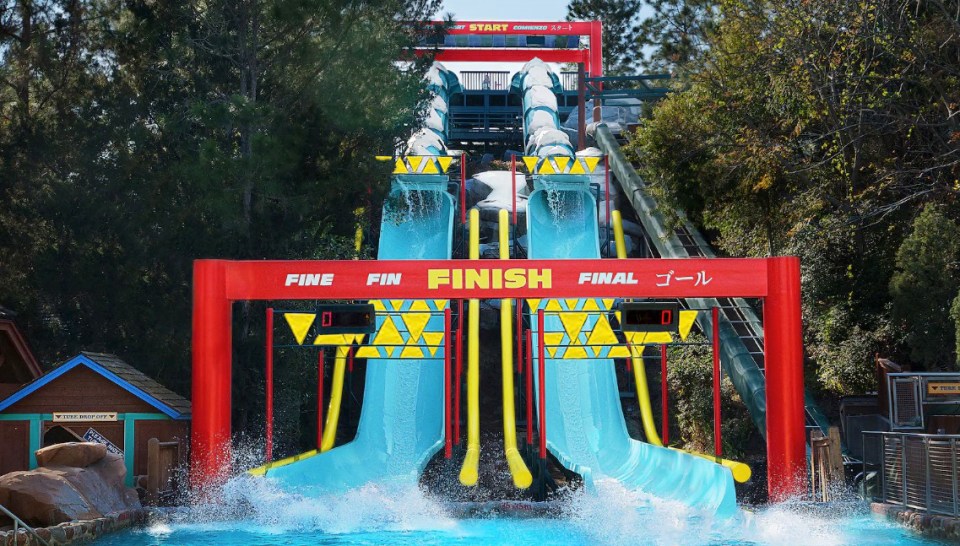 The finish line of a double water slide at Blizzard Beach in Disney World.