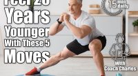Home serobics. Mature man doing lunges exercises on mat in living room, enjoying domestic fitness training wearing sportswear and smiling, free space.
