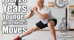 Home serobics. Mature man doing lunges exercises on mat in living room, enjoying domestic fitness training wearing sportswear and smiling, free space.