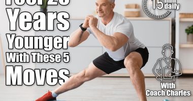 Home serobics. Mature man doing lunges exercises on mat in living room, enjoying domestic fitness training wearing sportswear and smiling, free space.