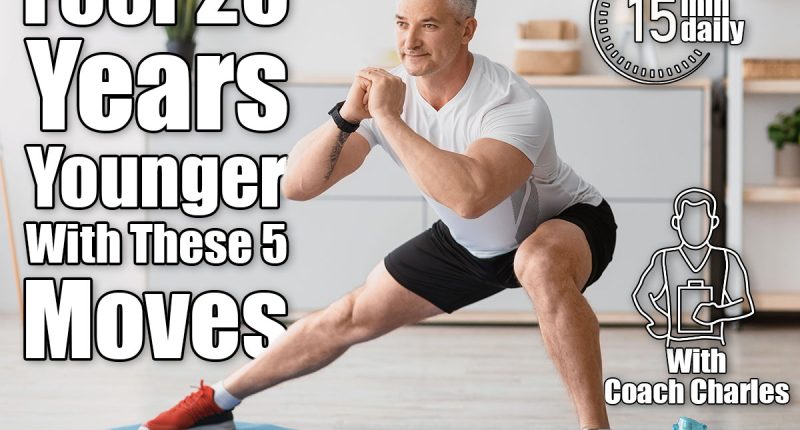 Home serobics. Mature man doing lunges exercises on mat in living room, enjoying domestic fitness training wearing sportswear and smiling, free space.