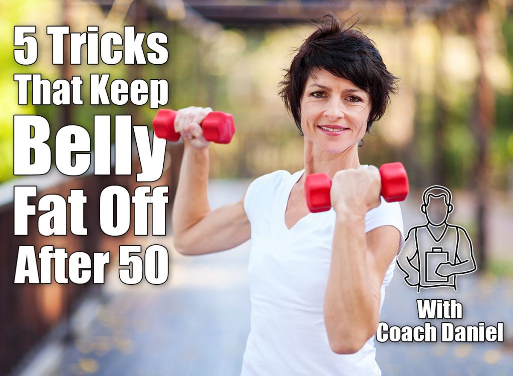active middle aged woman workout with dumbbells. Do These 5 Things Every Day To Keep Belly Fat Off After 50 , cover