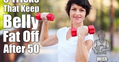 active middle aged woman workout with dumbbells. Do These 5 Things Every Day To Keep Belly Fat Off After 50 , cover