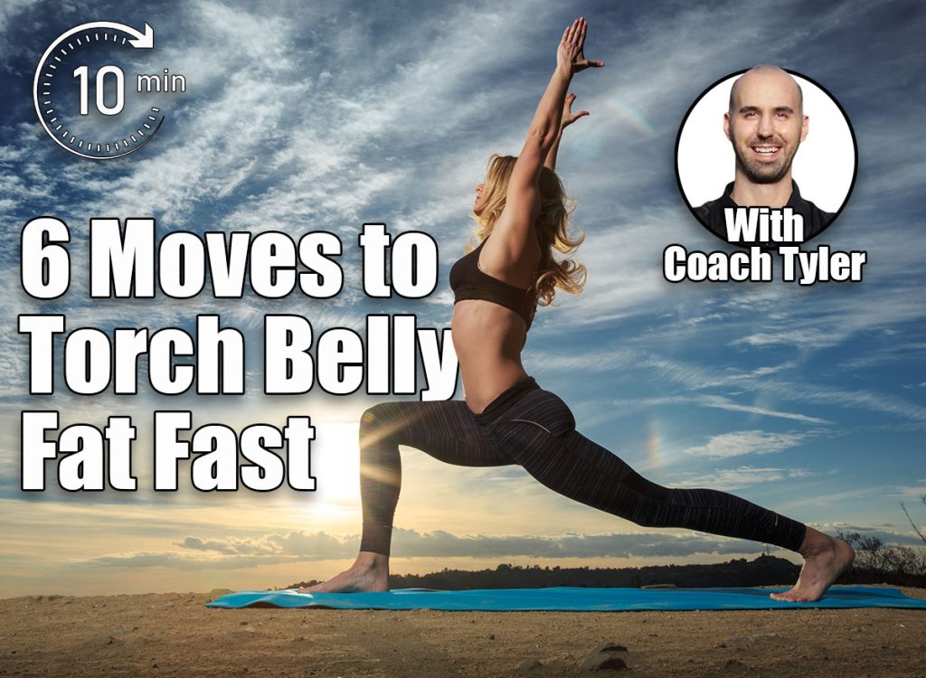 Do These 6 Morning Exercises To Torch Belly Fat All Day, cover. Woman practicing Warrior yoga pose outdoors over sunset sky background.