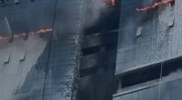 Tethered drones extinguishing a high-rise fire.