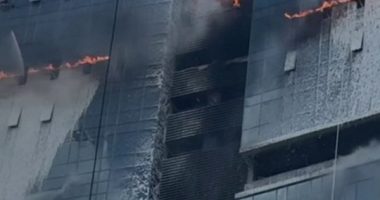 Tethered drones extinguishing a high-rise fire.