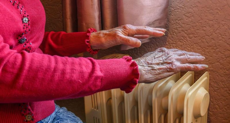 Elderly person's hands warming themselves on a radiator.