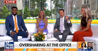 Fox News hosts discussing oversharing at the office.