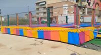 Trampoline at fairgrounds where a child received an electric shock.